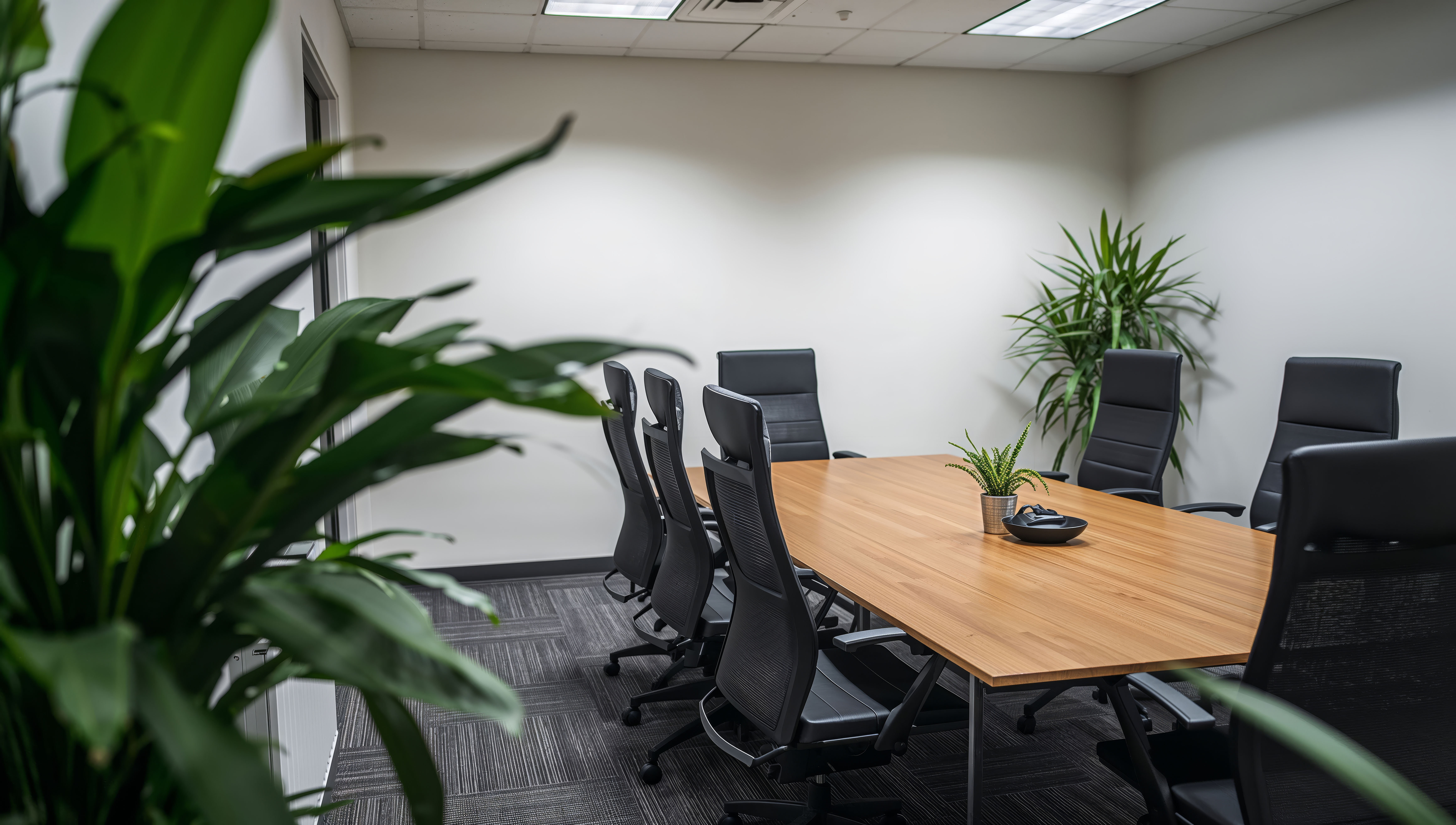 modern meeting room with large table, chairs, and plants in business office setting details.
